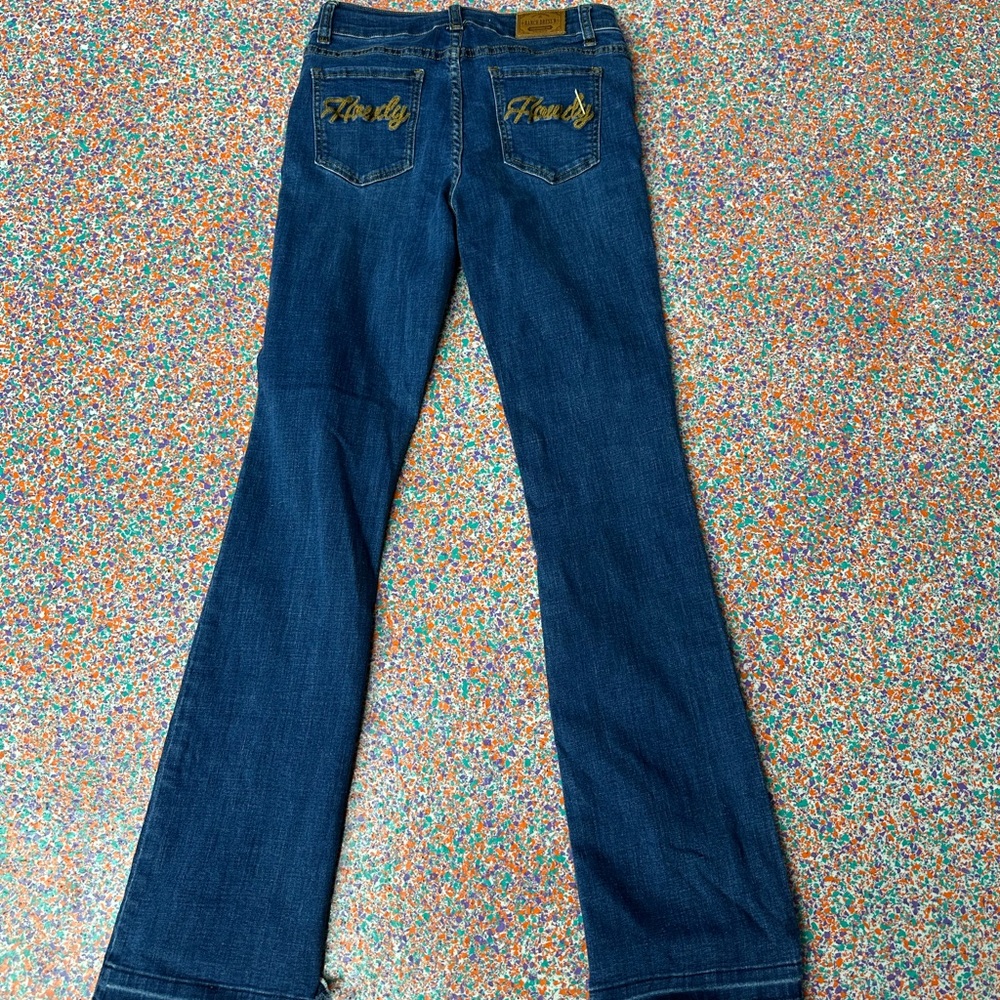 Fidelity Dark Blue Flare Jeans with Gold Stitching